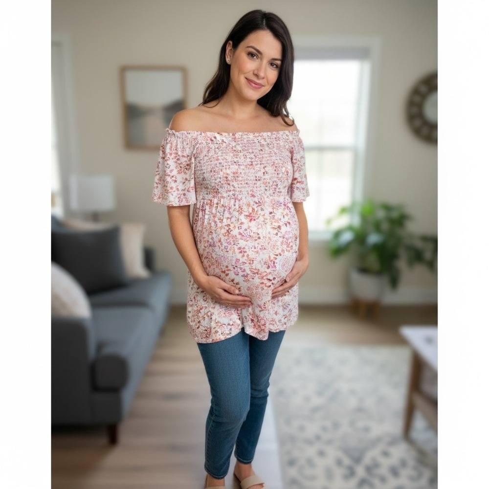Isabel Maternity Smocked Off Shoulder Floral Top Light Pink  XS